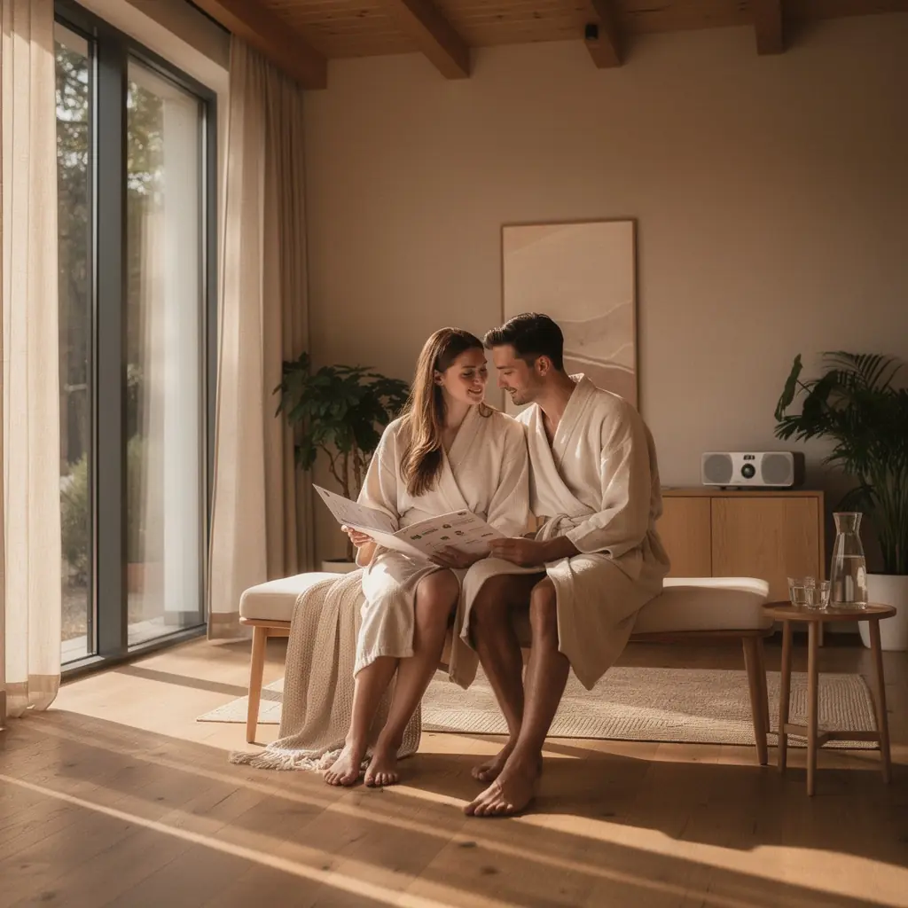 Dabas ainava ar zaļām pļavām un mierīgu ūdenstilpni, kas veicina relaksāciju.