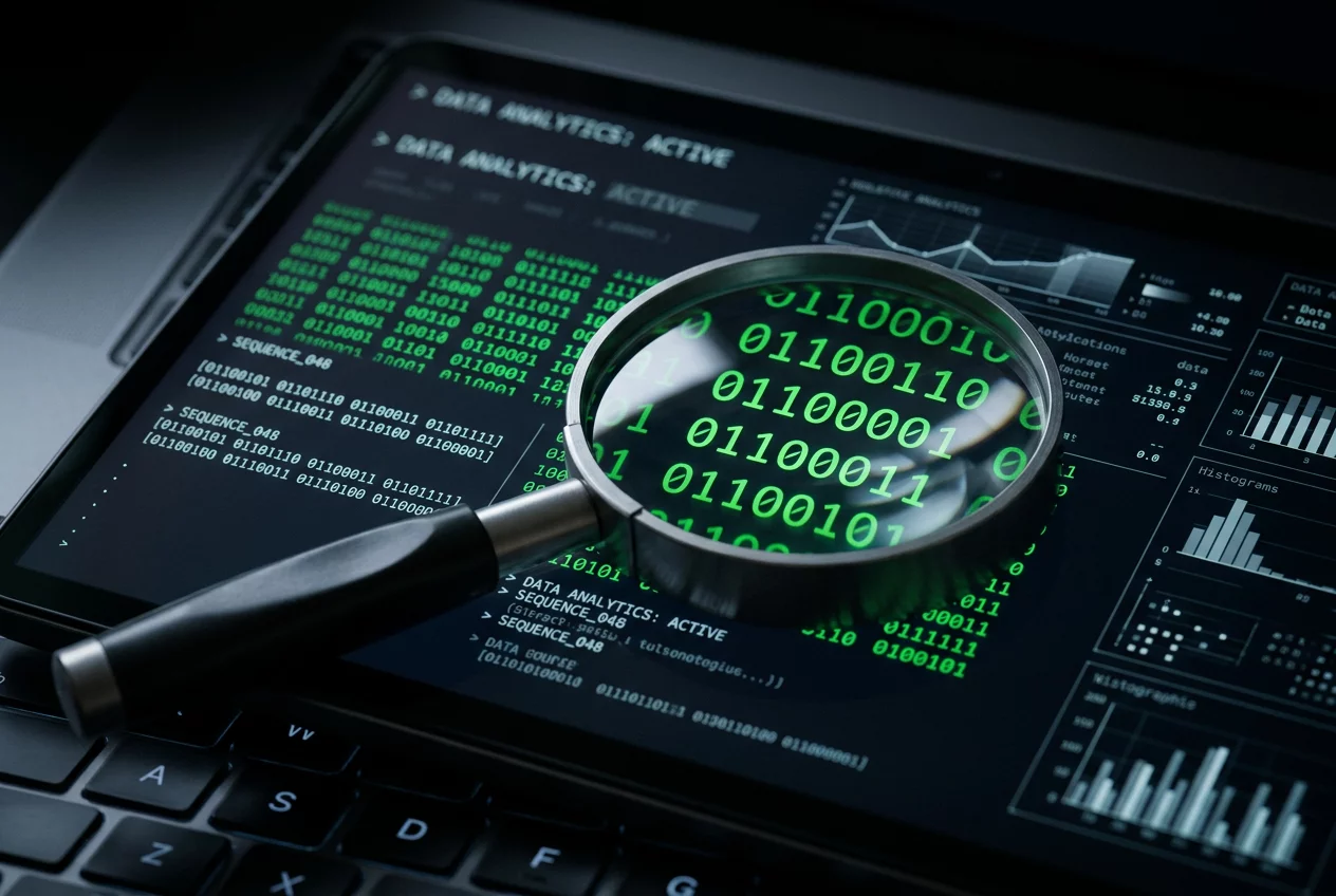 Magnifying glass over binary code and digital asset charts